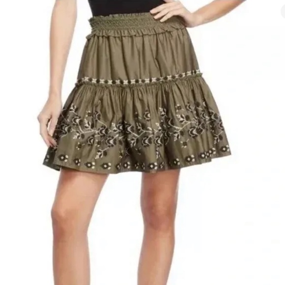 Kate Spade Olive Hue Green Black/White Embroidered Floral Poplin Skirt NWT M - Picture 2 of 15